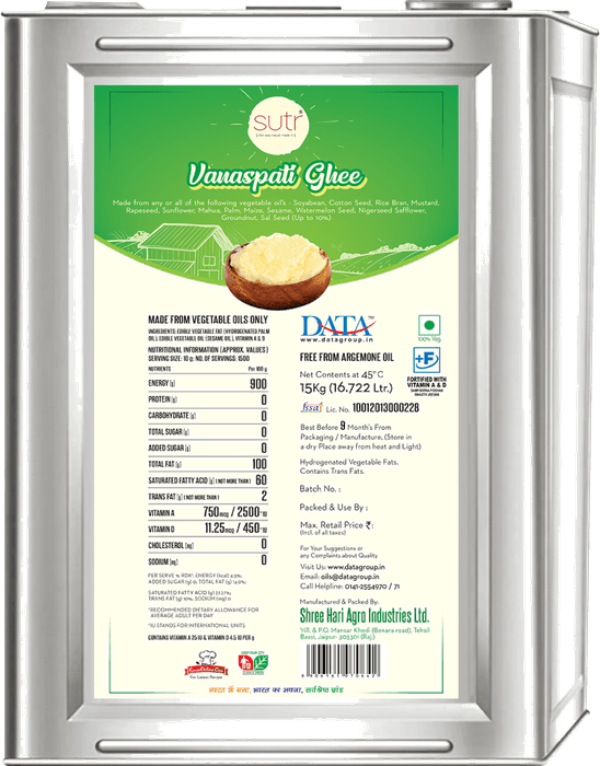 Sutr Vanaspati ghee, 15 kg tin