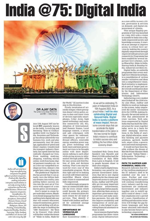 Newspaper column headlined “India @75: Digital India” by Dr Ajay Data, 2022.