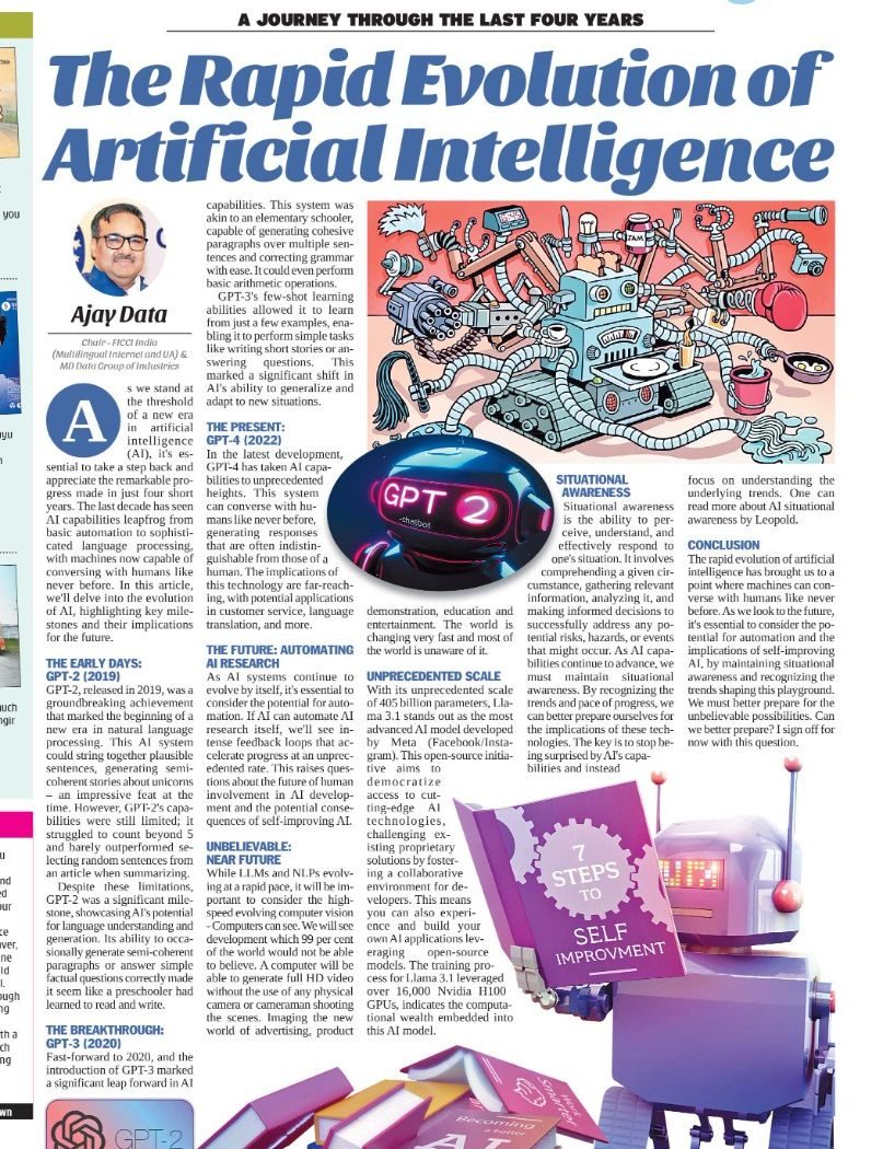Newspaper column headlined “The Rapid Evolution of Artificial Intelligence” by Ajay Data, First India City First, Jaipur, 30 August 2024.