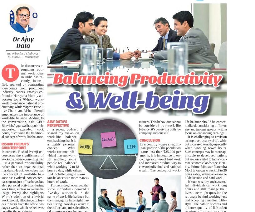 Newspaper column headlined “Balancing Productivity & Well-being” by Dr Ajay Data, First India City First, Jaipur, 25 November 2024.